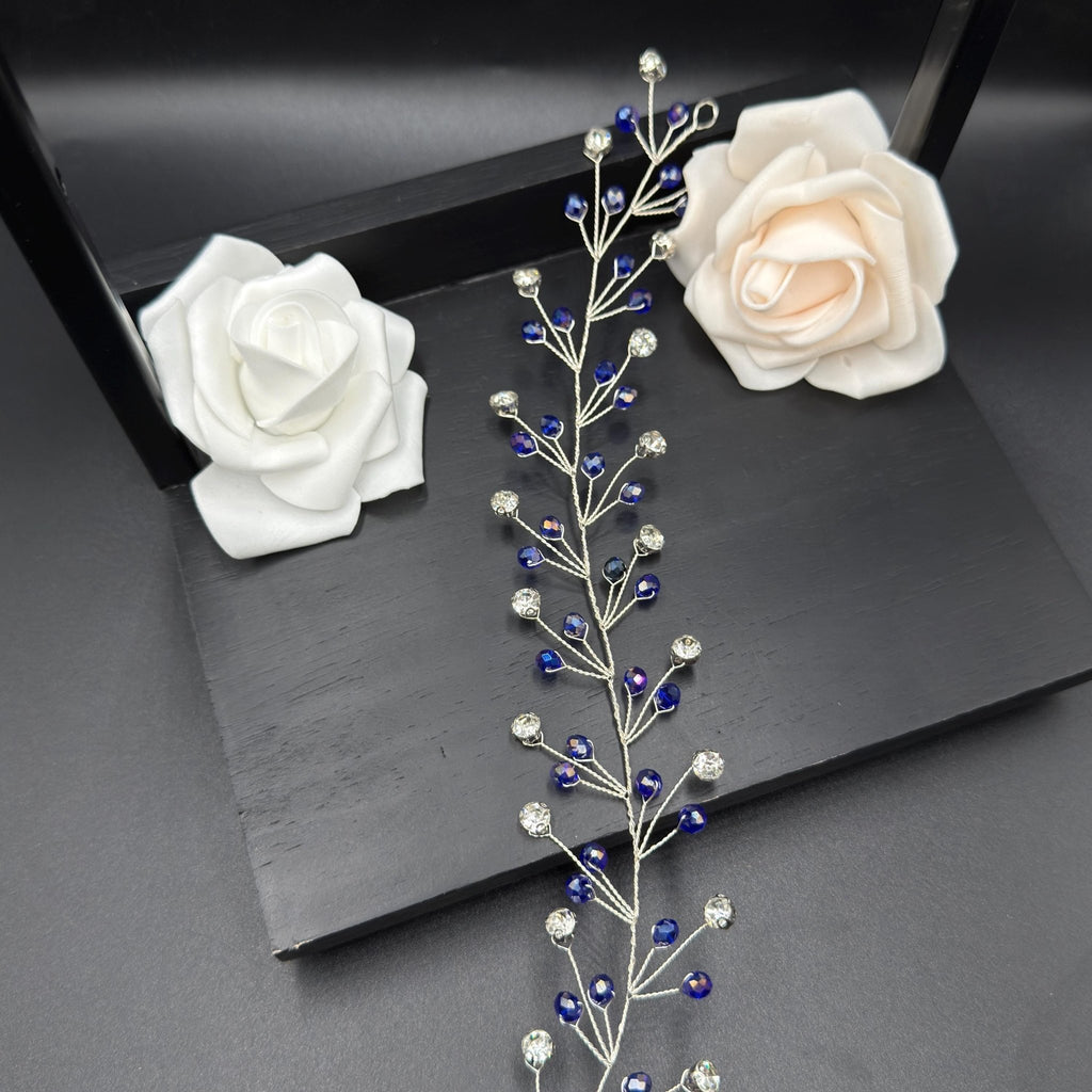 Blauer Kristall Braut Haarschmuck, Handgemachter flexibler Haarkranz mit Silberdraht, Blue Crystal Bridal Hair Vine, Wedding Hair Accessory - AVYRAA BRIDAL