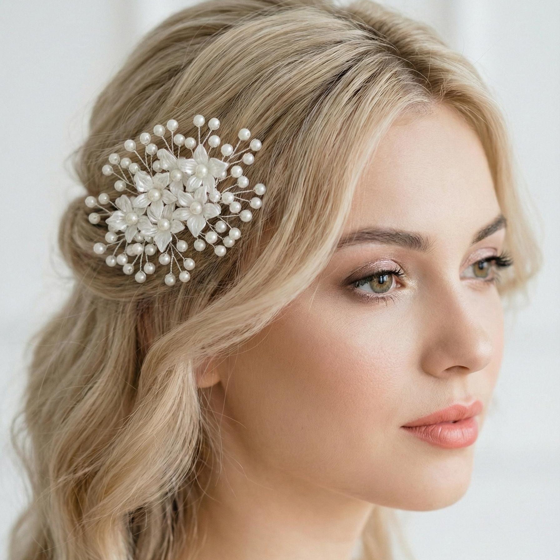 Blüten Haarkamm mit weißen Perlen für Bräute - AVYRAA BRIDAL