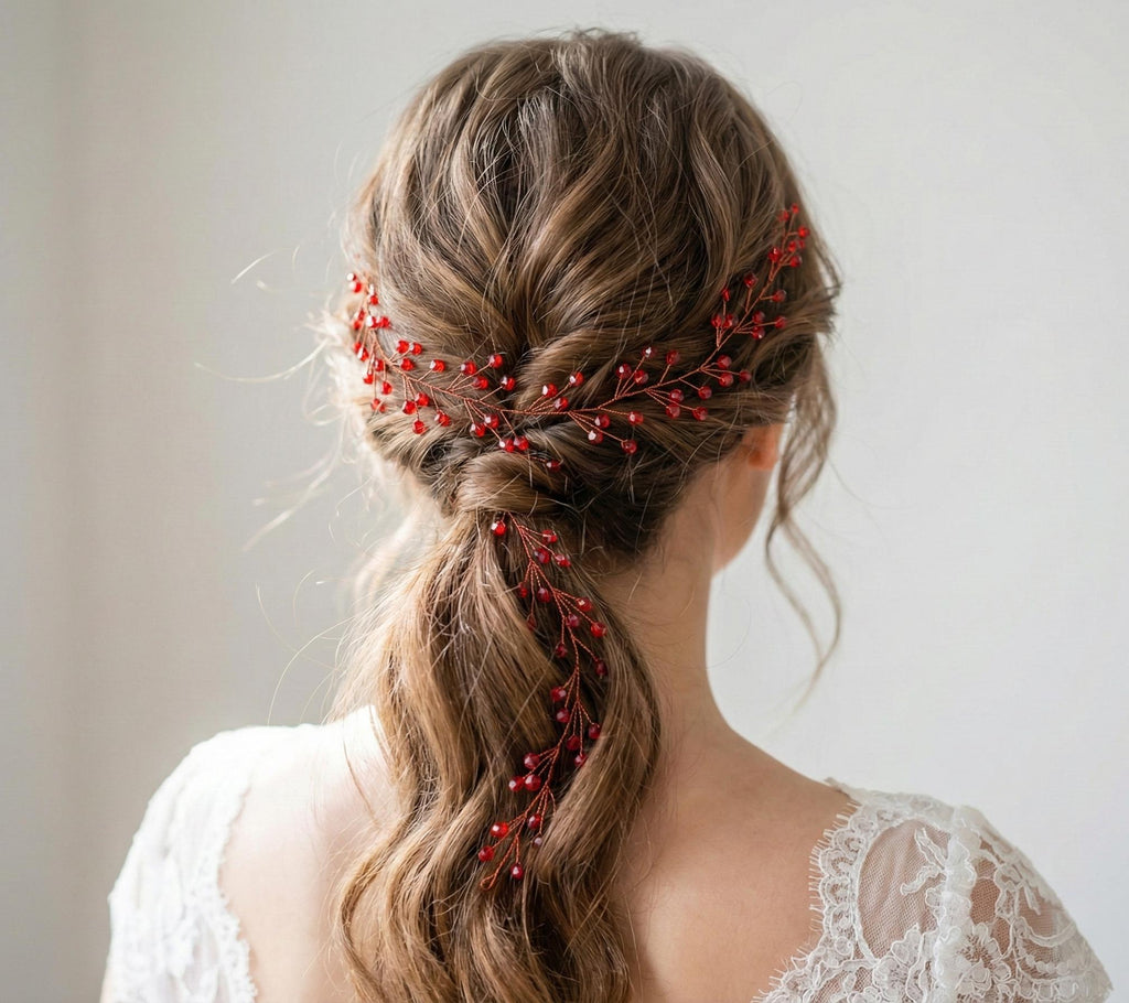 Bordeaux Kristall Haarrebe mit rotem Draht | Eleganter Brautschmuck, Hochzeits - Haaraccessoire, Weinrot Kristalle, flexibel - AVYRAA BRIDAL