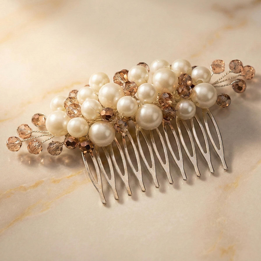 Braut Haarkamm Kristall Perlen Champagner Draht Haarschmuck - AVYRAA BRIDAL
