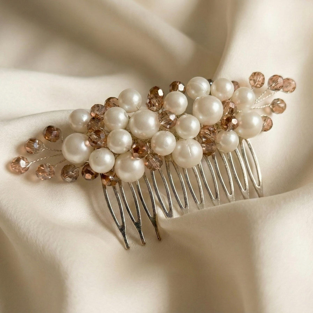 Braut Haarkamm Kristall Perlen Champagner Draht Haarschmuck - AVYRAA BRIDAL