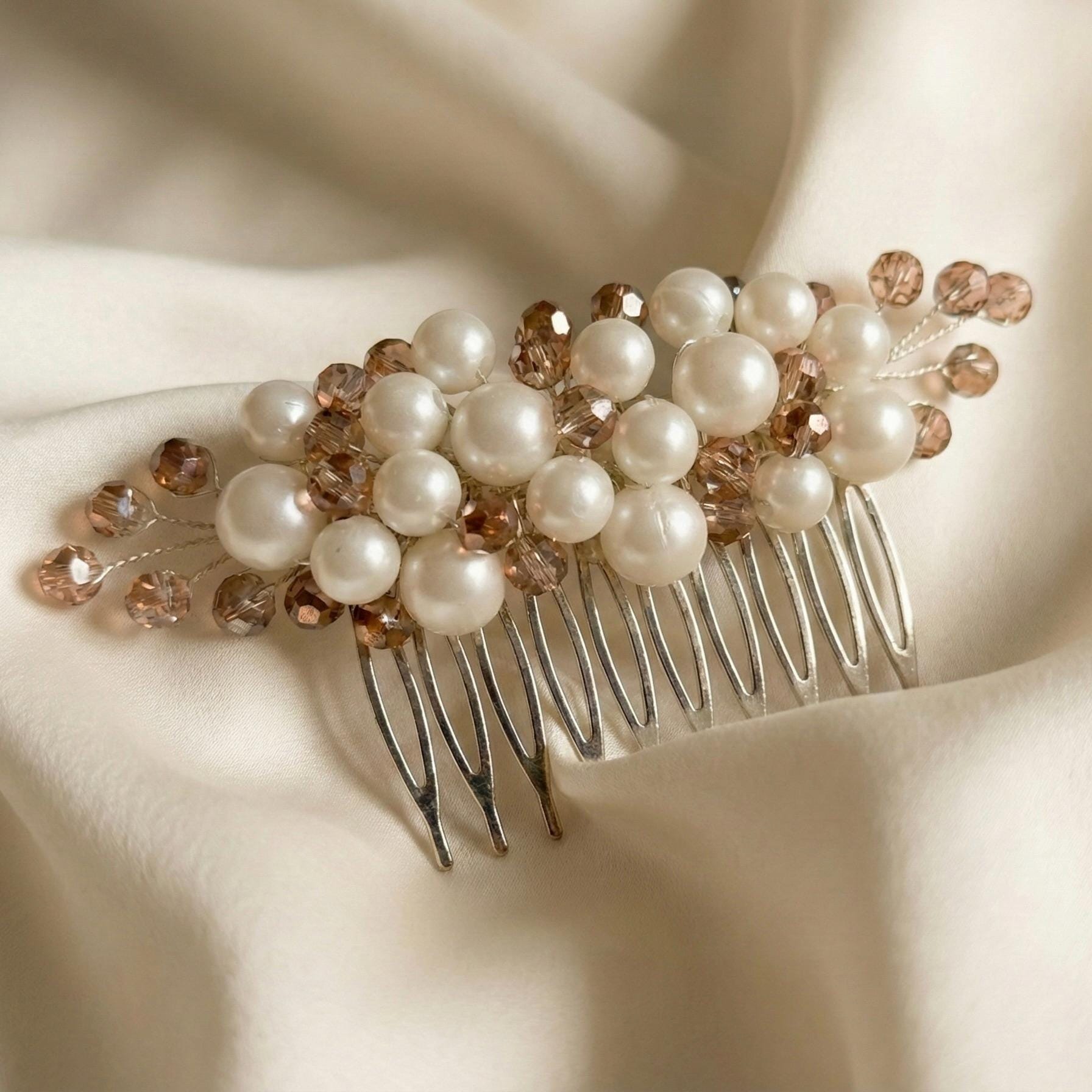Braut Haarkamm Kristall Perlen Champagner Draht Haarschmuck - AVYRAA BRIDAL