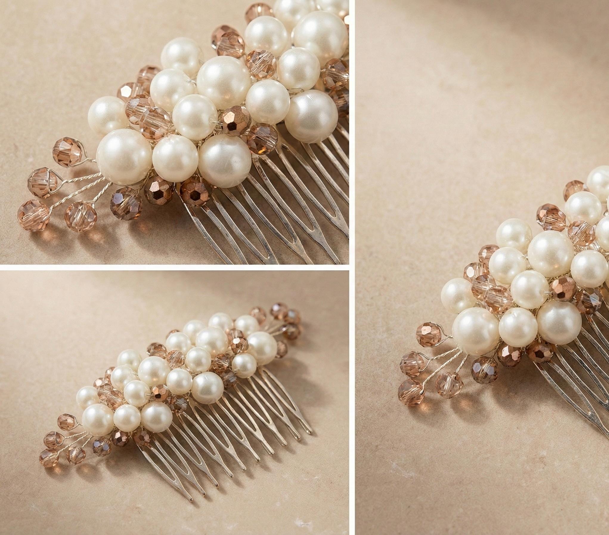 Braut Haarkamm Kristall Perlen Champagner Draht Haarschmuck - AVYRAA BRIDAL