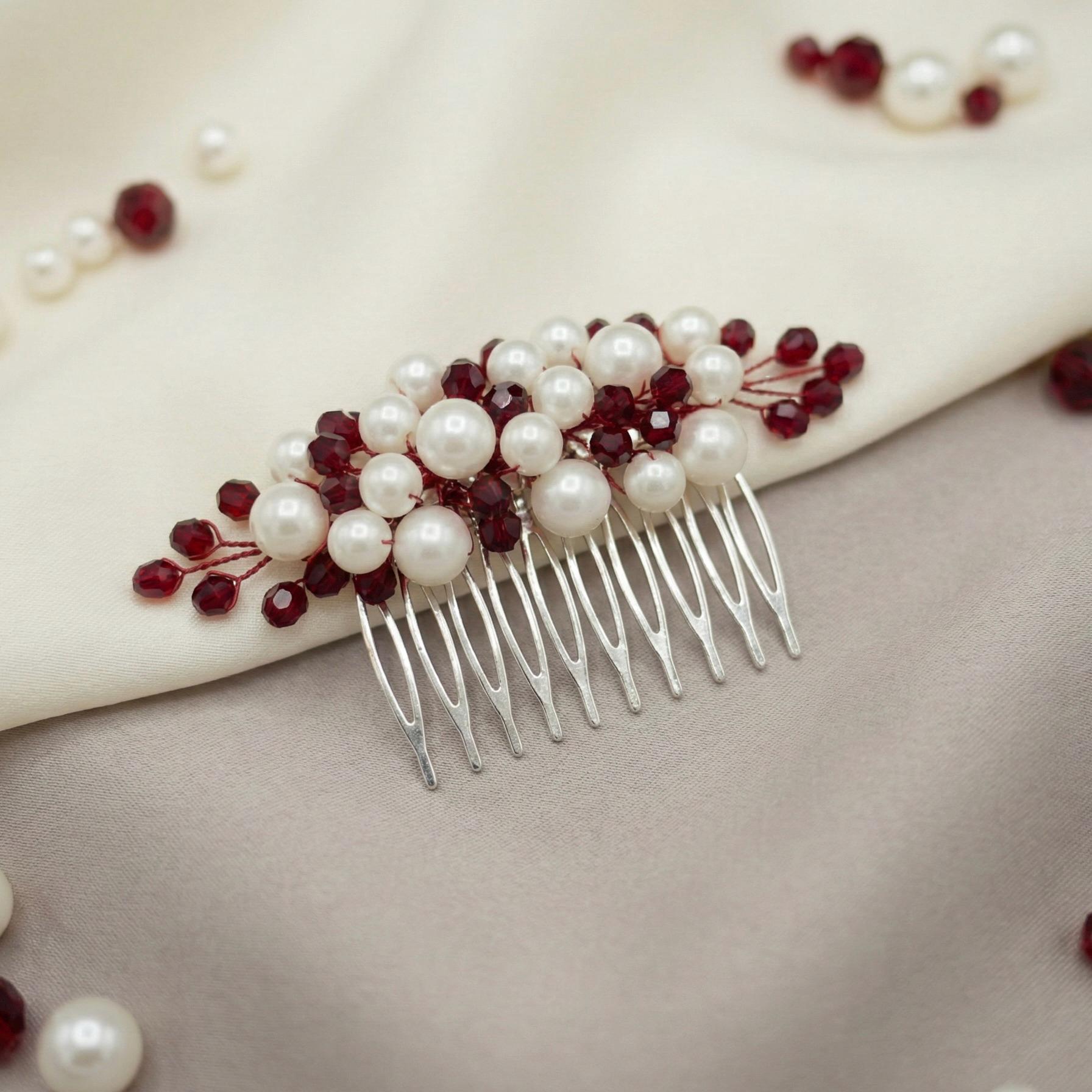 Braut Haarkamm Kristall Perlen Dunkelrot Draht Haarschmuck - AVYRAA BRIDAL