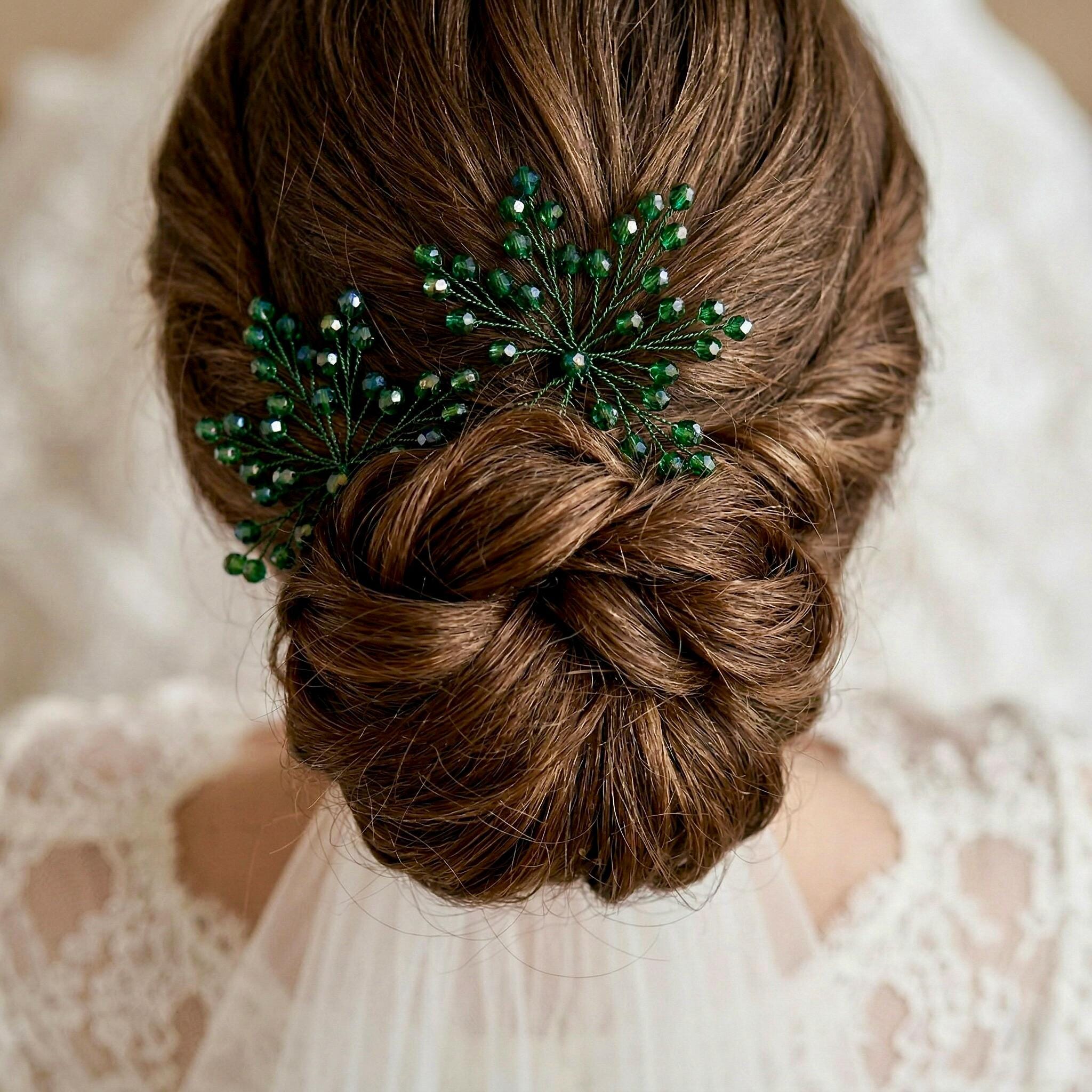 Braut Haarnadeln grün Gold Kristall Strass Draht Haarschmuck - AVYRAA BRIDAL