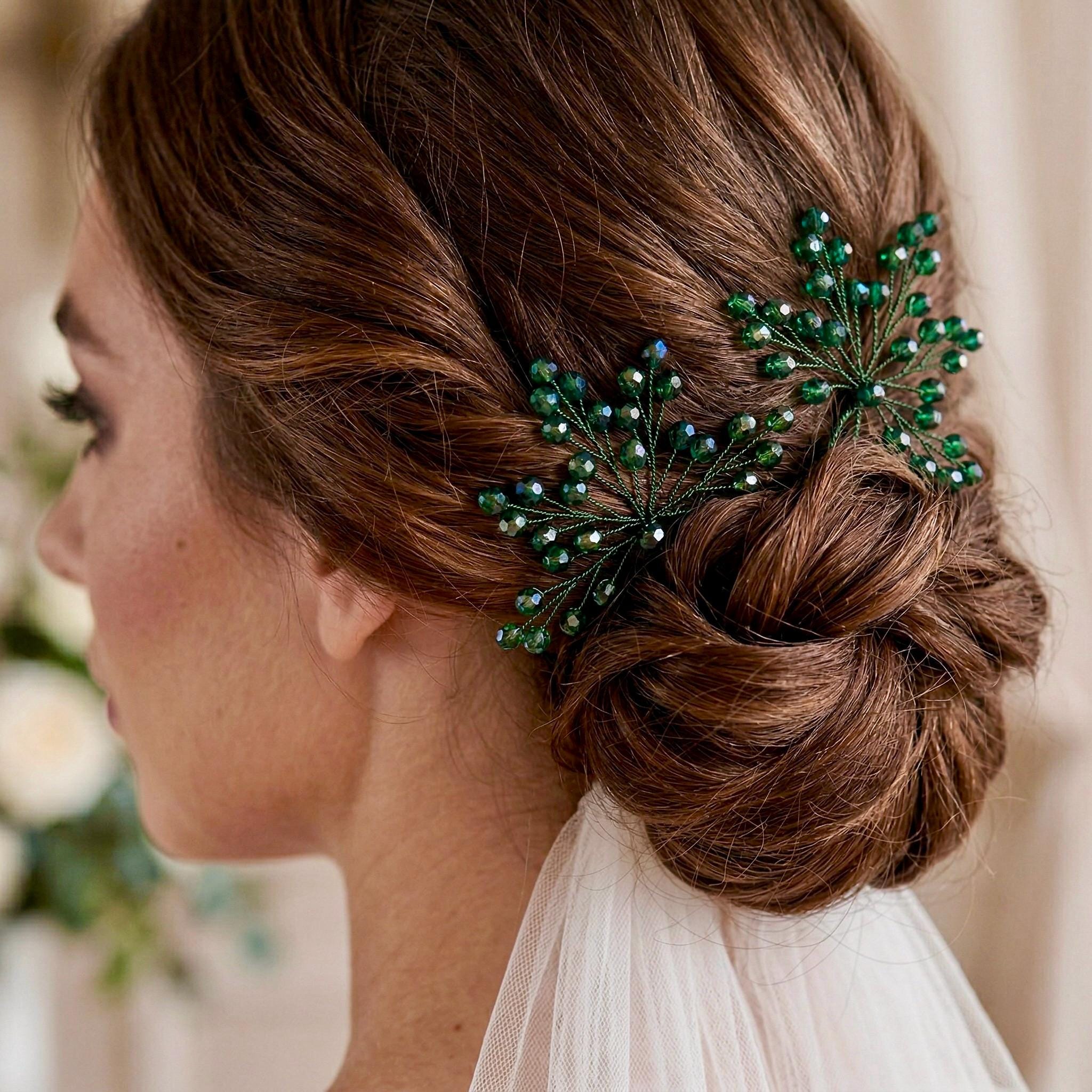 Braut Haarnadeln grün Gold Kristall Strass Draht Haarschmuck - AVYRAA BRIDAL