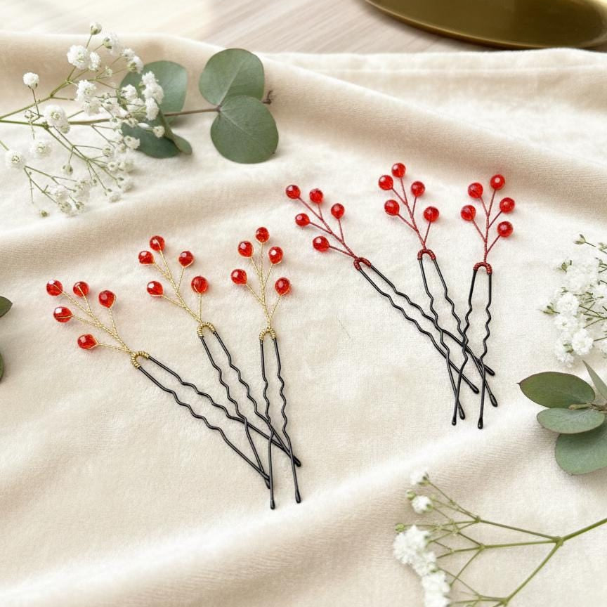 Braut Haarnadeln mit roten Kristallen – Haarpins mit Gold - oder Rotdraht, Handgemacht für Hochsteckfrisuren & Styling - AVYRAA BRIDAL