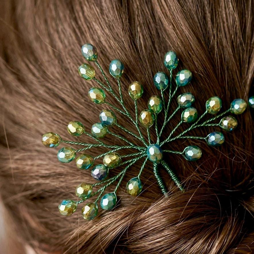 Braut Haarnadeln Olivgrün Gold Kristall Strass Draht Haarschmuck - AVYRAA BRIDAL