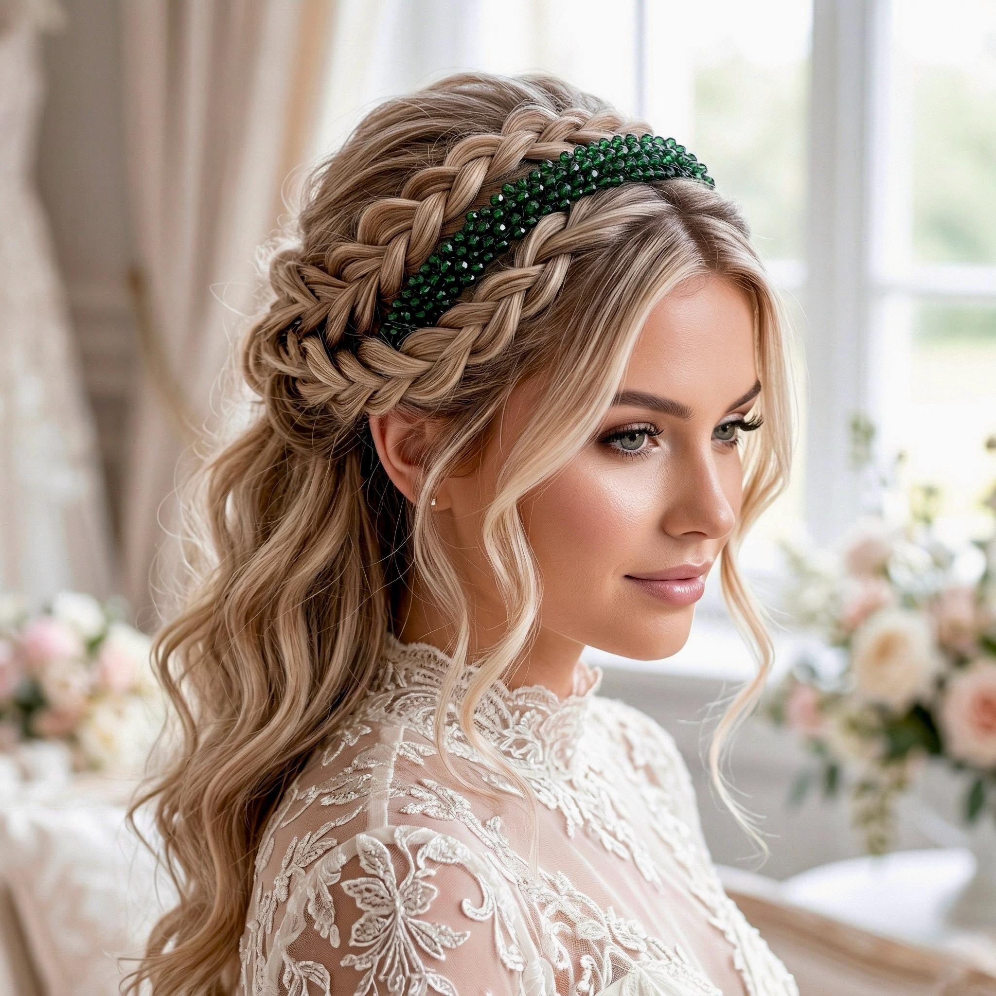 Braut Haarreif Dunkelgrün Kristall Strass Draht Haarband Haarschmuck - AVYRAA BRIDAL
