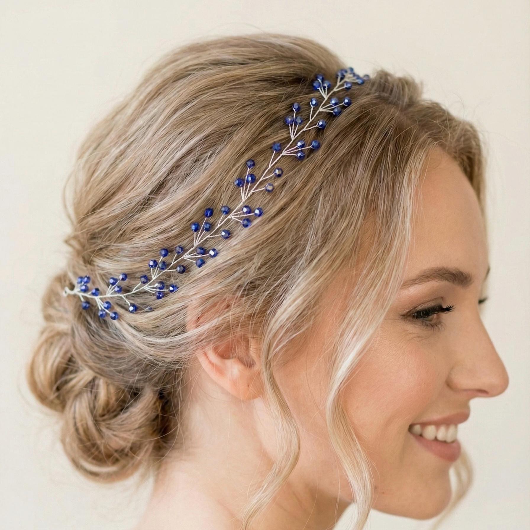 Bridal Hair Vine Royal Blue Crystal Silver Wire Flexible Headpiece - AVYRAA BRIDAL