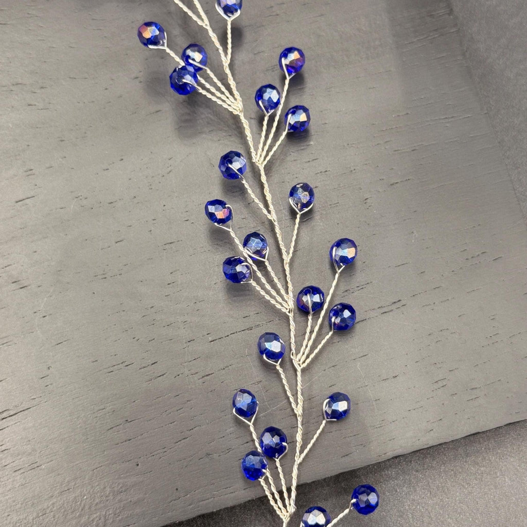 Bridal Hair Vine Royal Blue Crystal Silver Wire Flexible Headpiece - AVYRAA BRIDAL