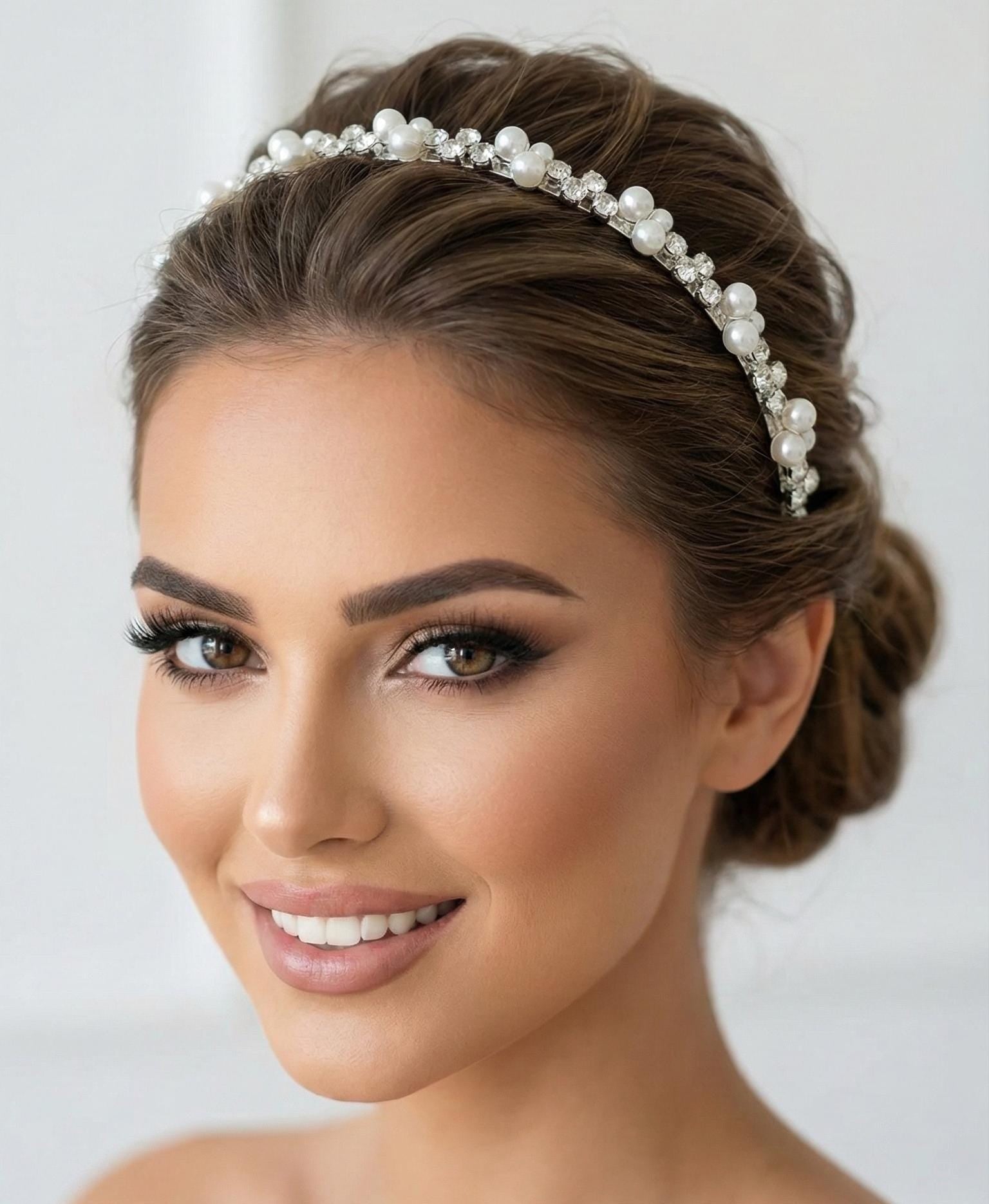Cremefarbener Perlen Haarreif mit Kristallen für Bräute - AVYRAA BRIDAL