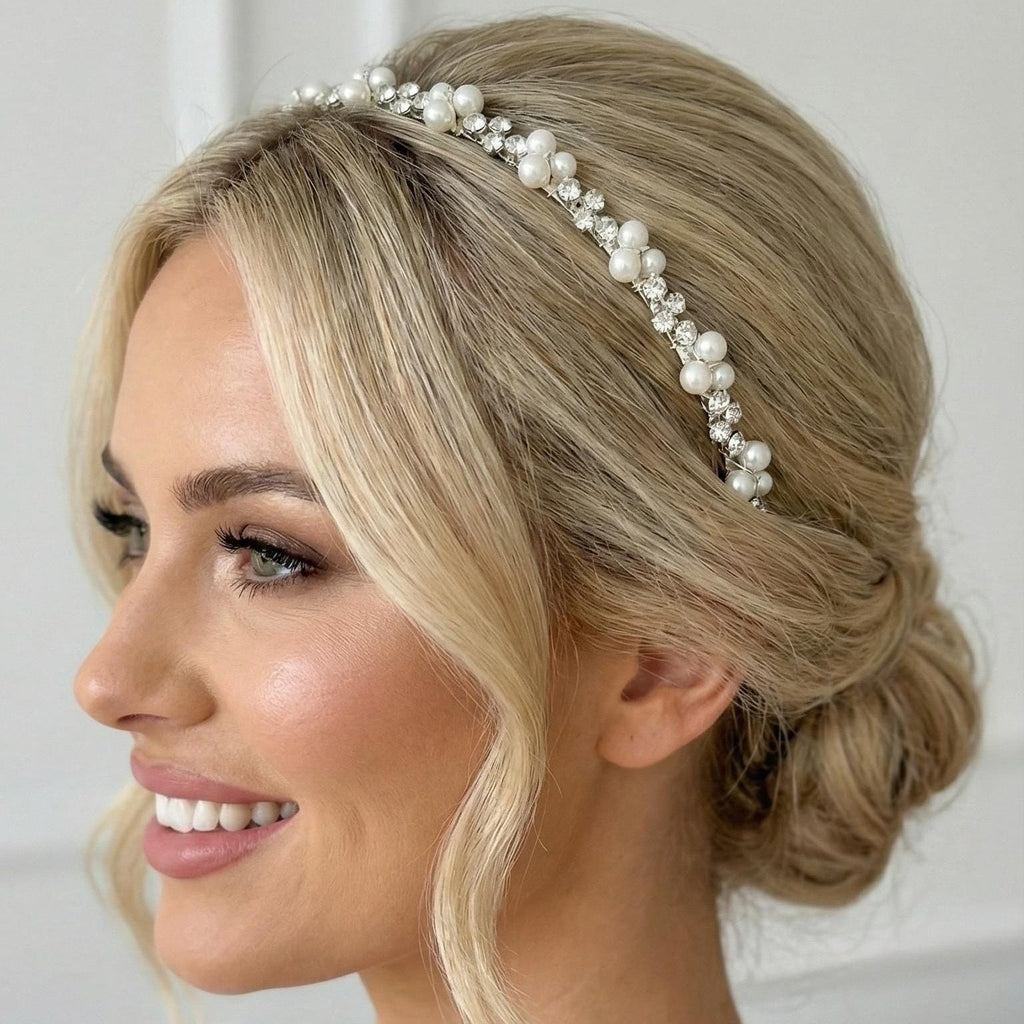 Cremefarbener Perlen Haarreif mit Kristallen für Bräute - AVYRAA BRIDAL