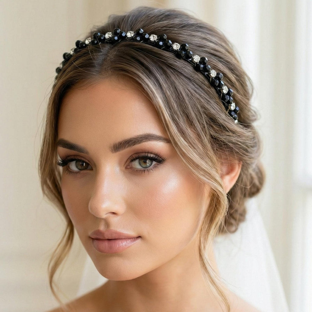 Elegantes schwarzes Kristall - Haarband, Handgefertigte Kronen - Tiara mit schwarzen Kristallen und silberfarbenen Akzenten - AVYRAA BRIDAL