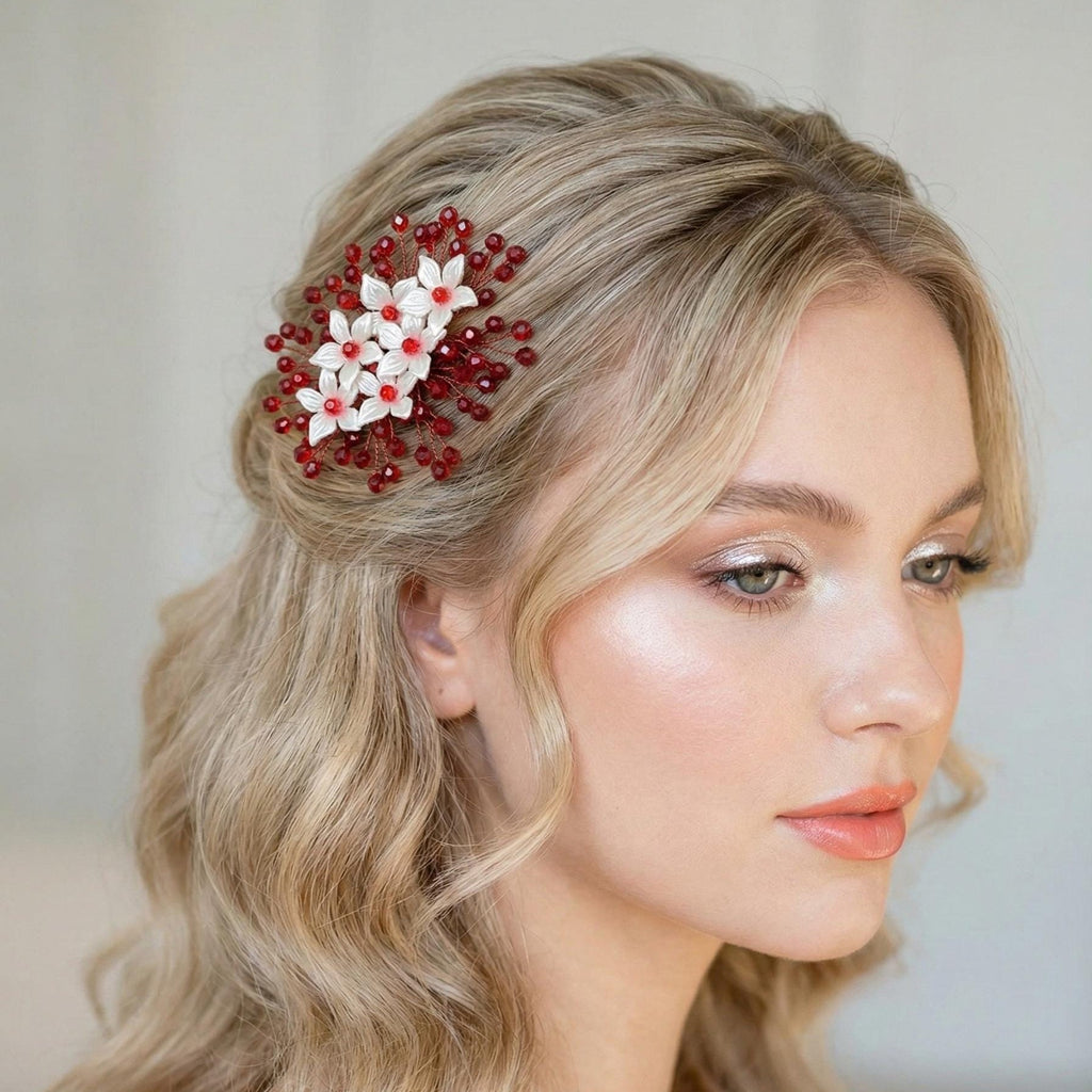 Floraler Braut Haarkamm mit roten Kristallen, Eleganter Hochzeit Haarschmuck - AVYRAA BRIDAL