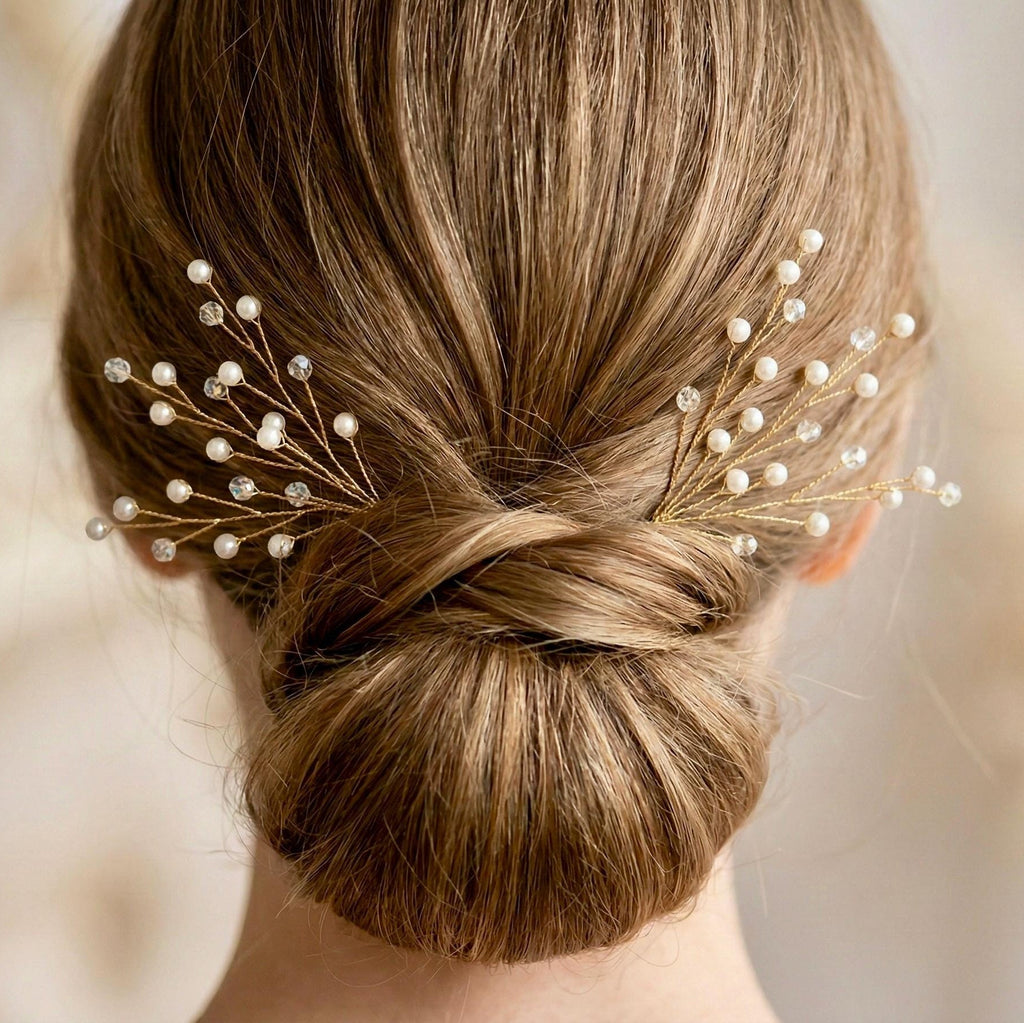 Goldene Perlen Haarnadeln mit zarten Blüten - AVYRAA BRIDAL