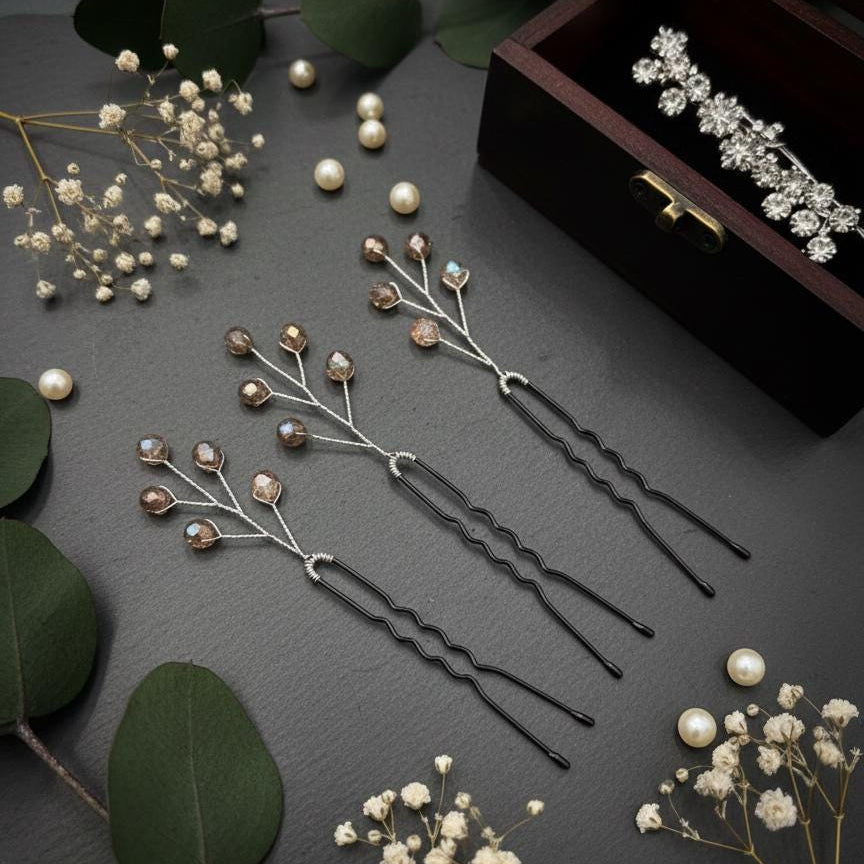 Haarnadeln in Champagner - Kupfer • Handgemachte Haarpins mit schimmernden Glasperlen • Elegantes Brautzubehör für Hochsteckfrisuren - AVYRAA BRIDAL