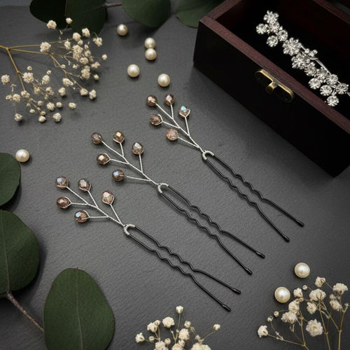 Haarnadeln in Champagner - Kupfer • Handgemachte Haarpins mit schimmernden Glasperlen • Elegantes Brautzubehör für Hochsteckfrisuren - AVYRAA BRIDAL