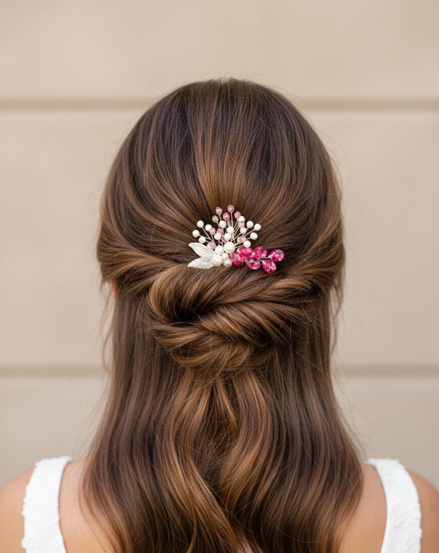 Haarspange mit Perlen, rosafarbenen Kristallen und Blättern – elegant & romantisch - AVYRAA BRIDAL