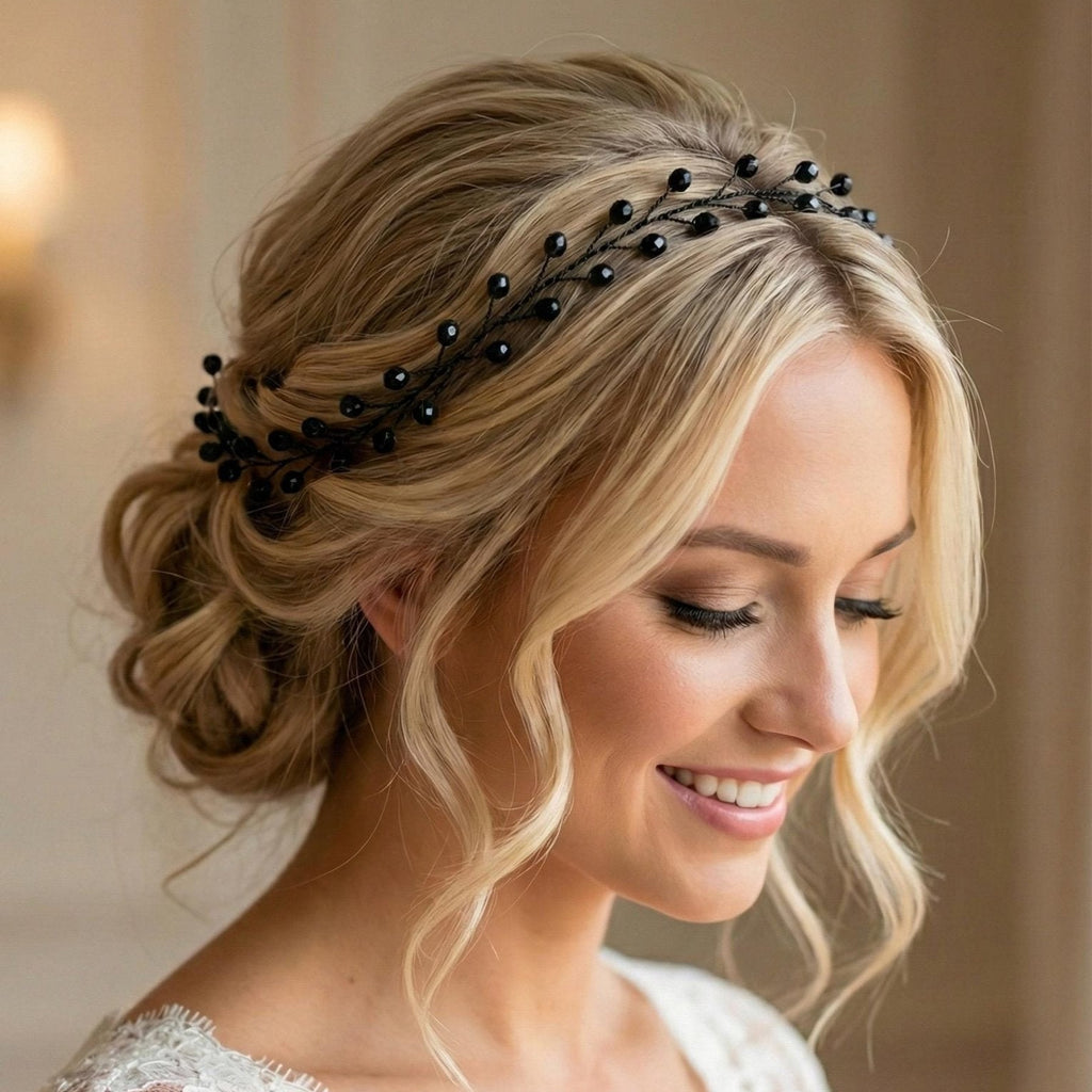 Handgefertigter Haarvine mit schwarzen Glasperlen, flexibler Braut - Haarschmuck aus Silber - oder Schwarzdraht, - AVYRAA BRIDAL