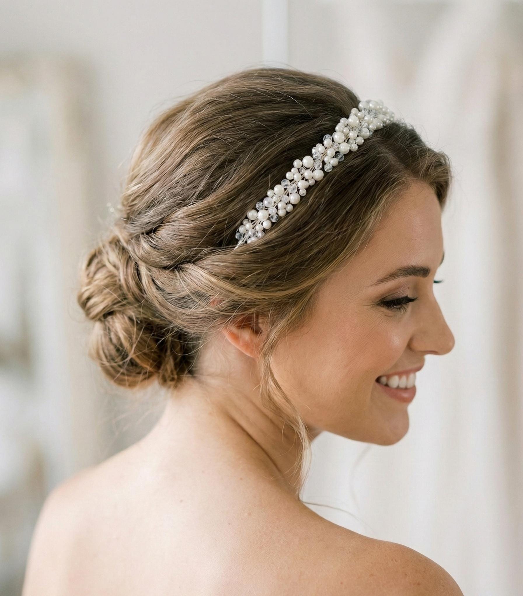 Braut Haarreif Perlen Kristall Draht Diadem Haarschmuck