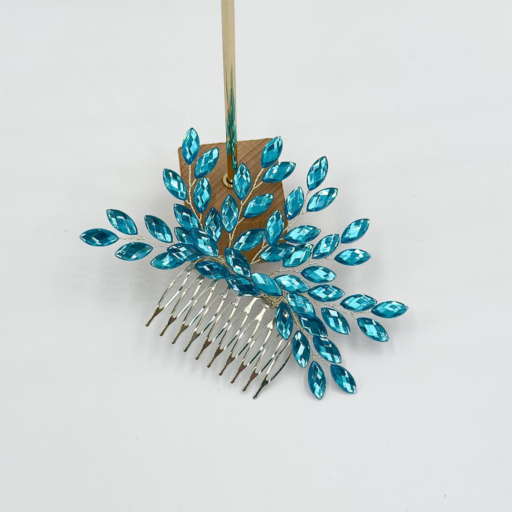 Braut Haarkamm Blau Kristall Silber Draht Haarschmuck