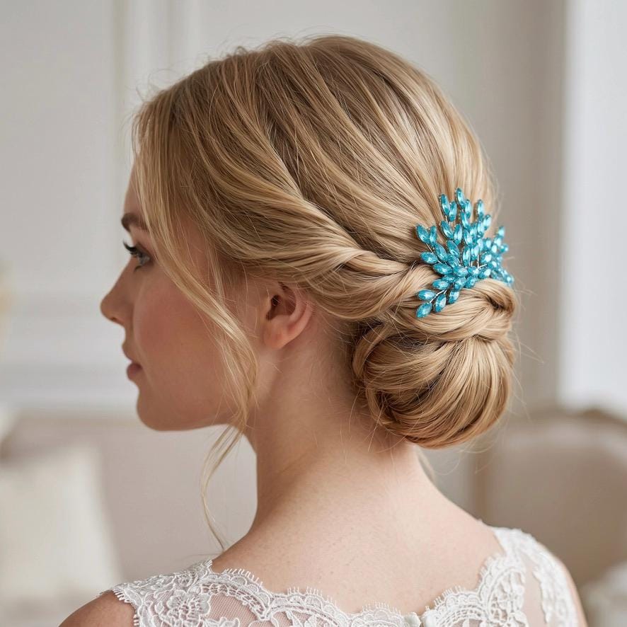 Braut Haarkamm Blau Kristall Silber Draht Haarschmuck
