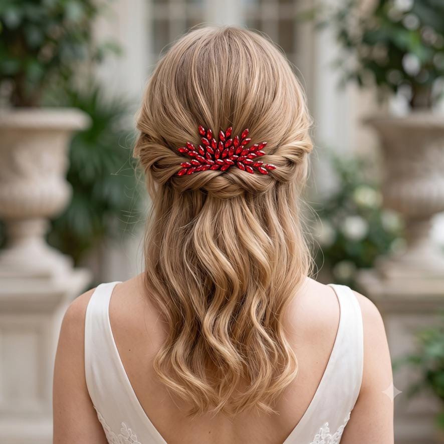 Braut Haarkamm Rubinrot Kristall Silber Draht Haarschmuck