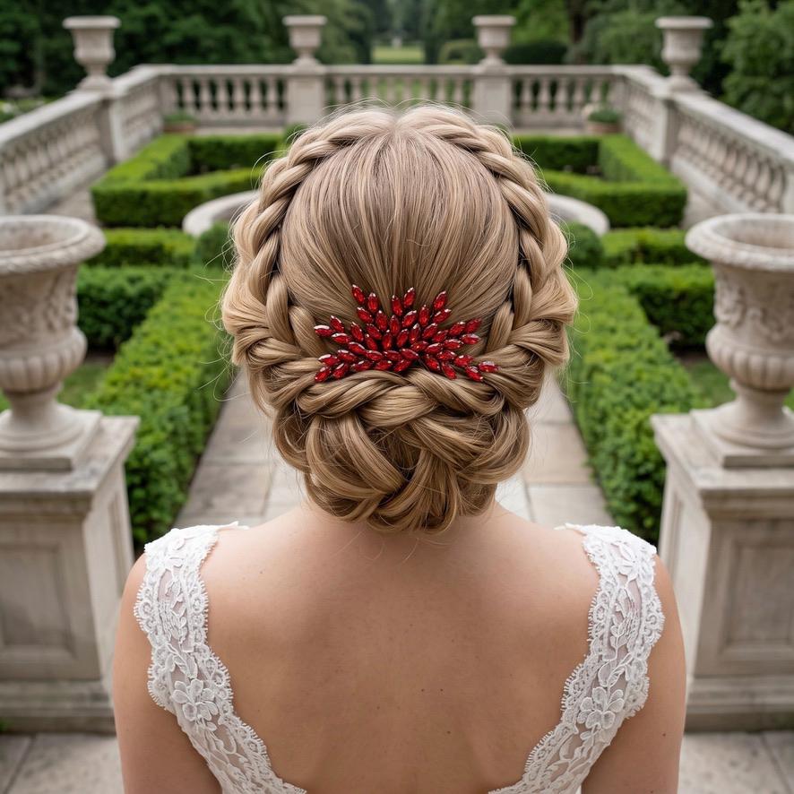 Braut Haarkamm Rubinrot Kristall Silber Draht Haarschmuck