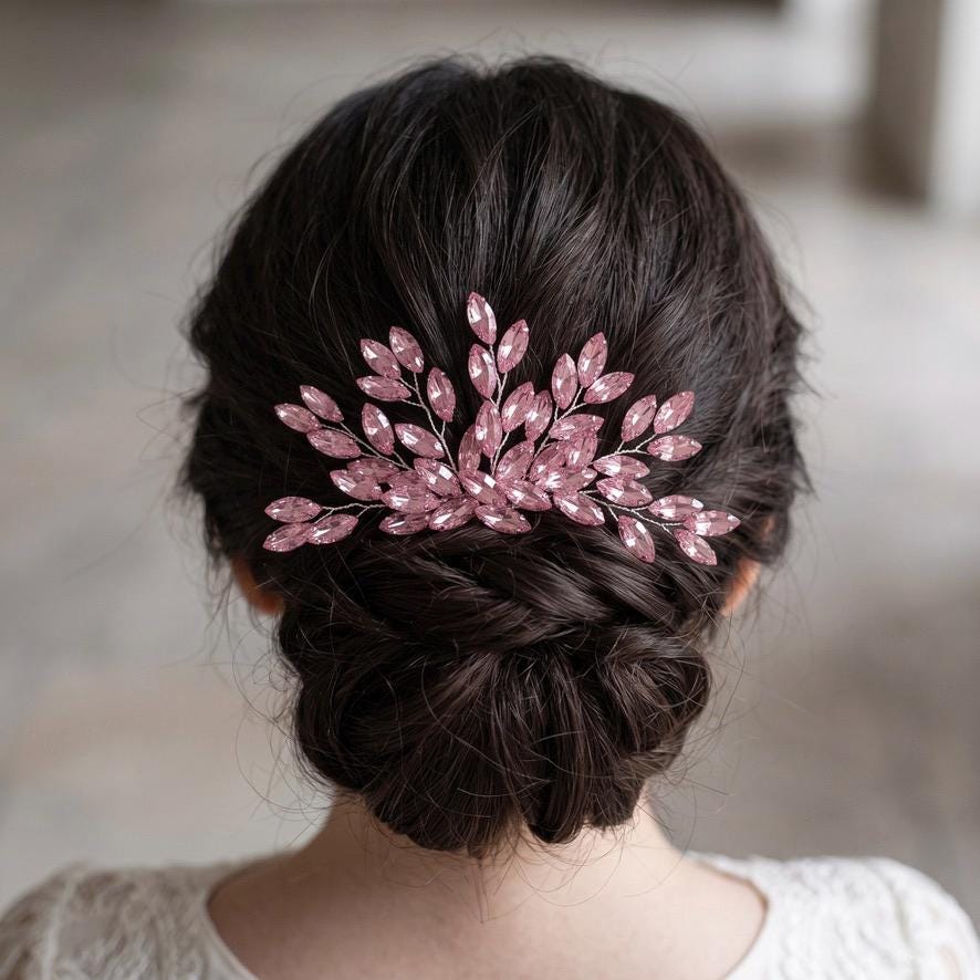 Braut Haarkamm Rosa Kristall Silber Draht Haarschmuck