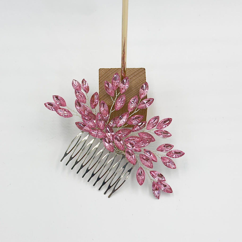 Braut Haarkamm Rosa Kristall Silber Draht Haarschmuck