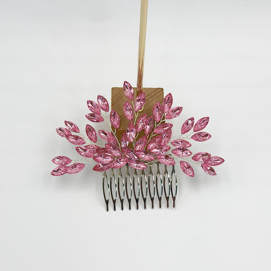 Braut Haarkamm Rosa Kristall Silber Draht Haarschmuck