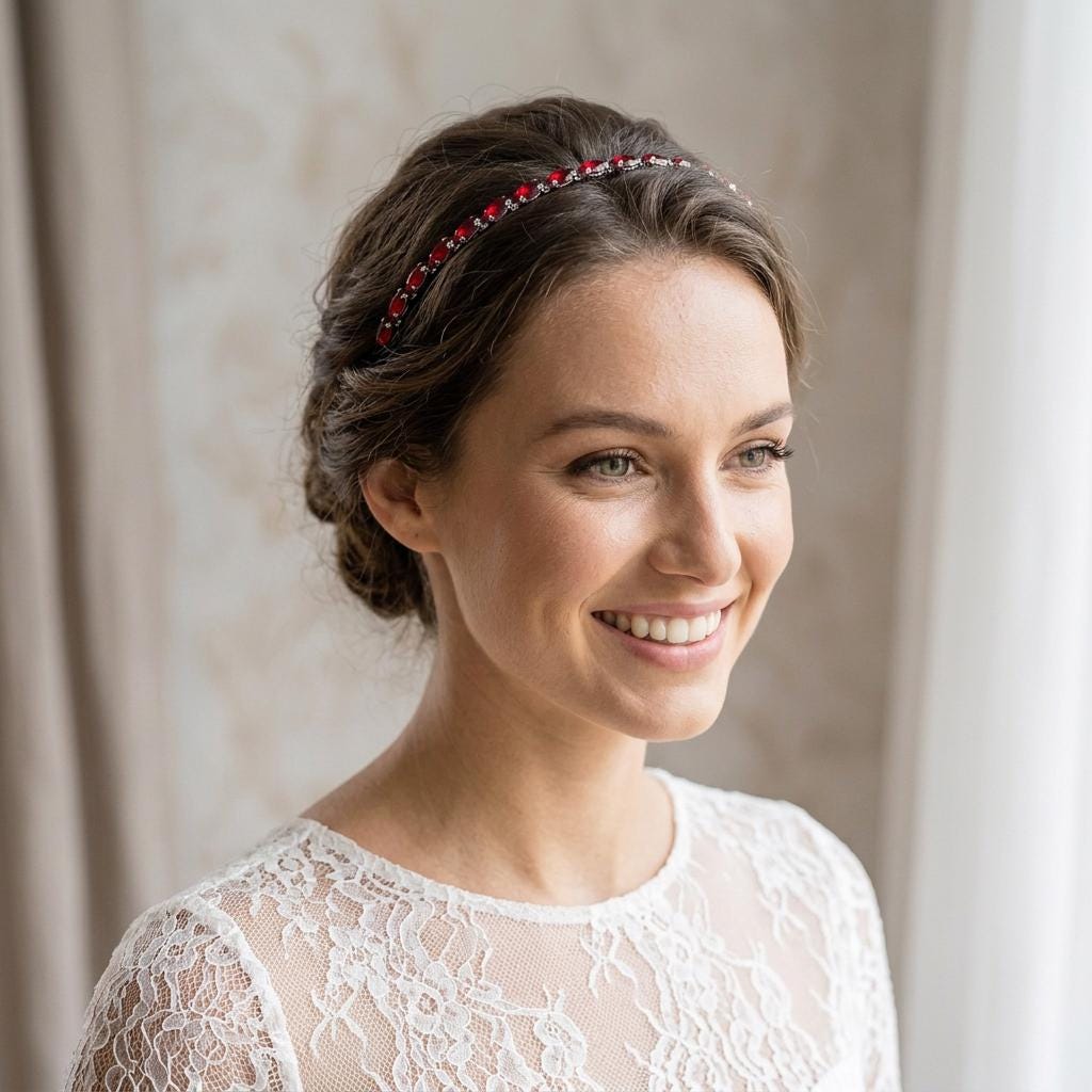 Roter Kristall-Haarreif | Schmaler Braut-Haarschmuck in Schwarz