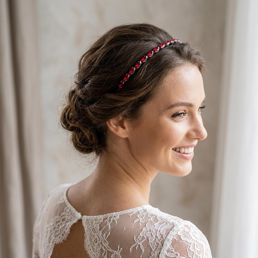 Roter Kristall-Haarreif | Schmaler Braut-Haarschmuck in Schwarz
