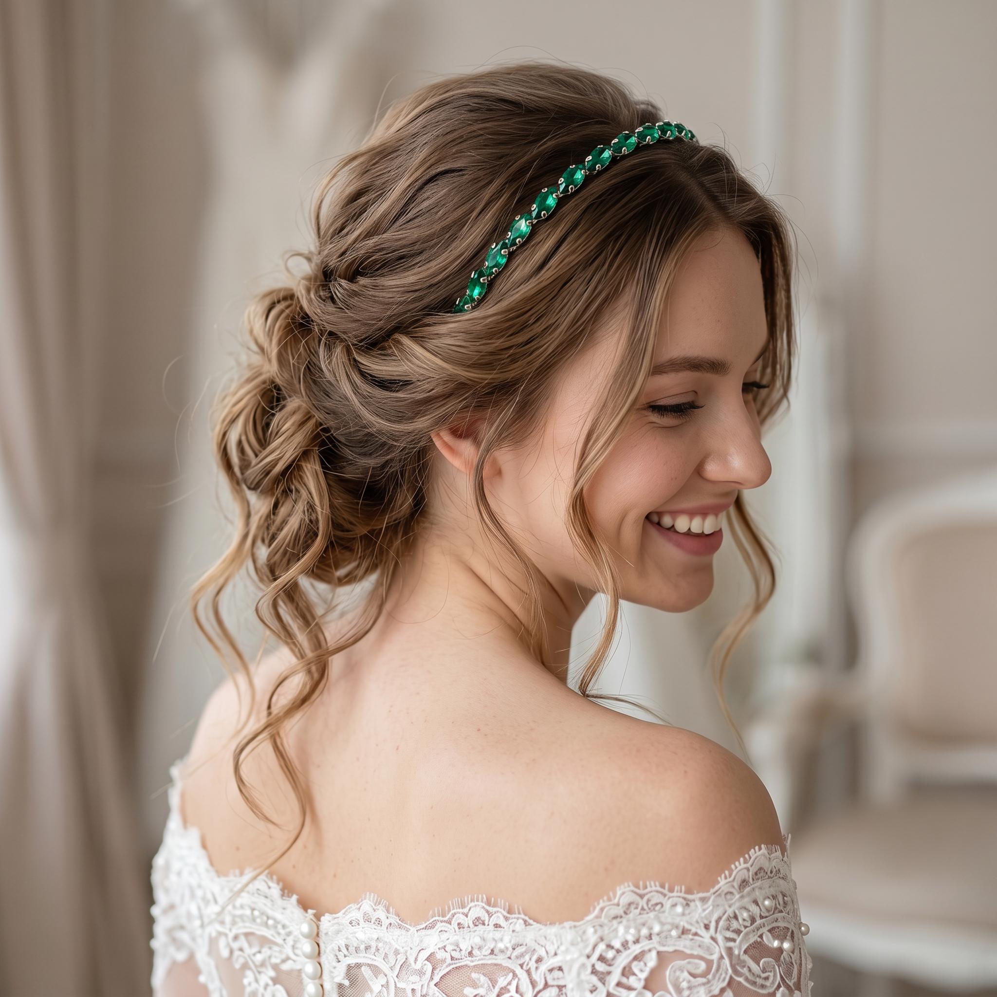 Smaragdgrüner Kristall-Haarreif | Schmaler Brautschmuck in Silber