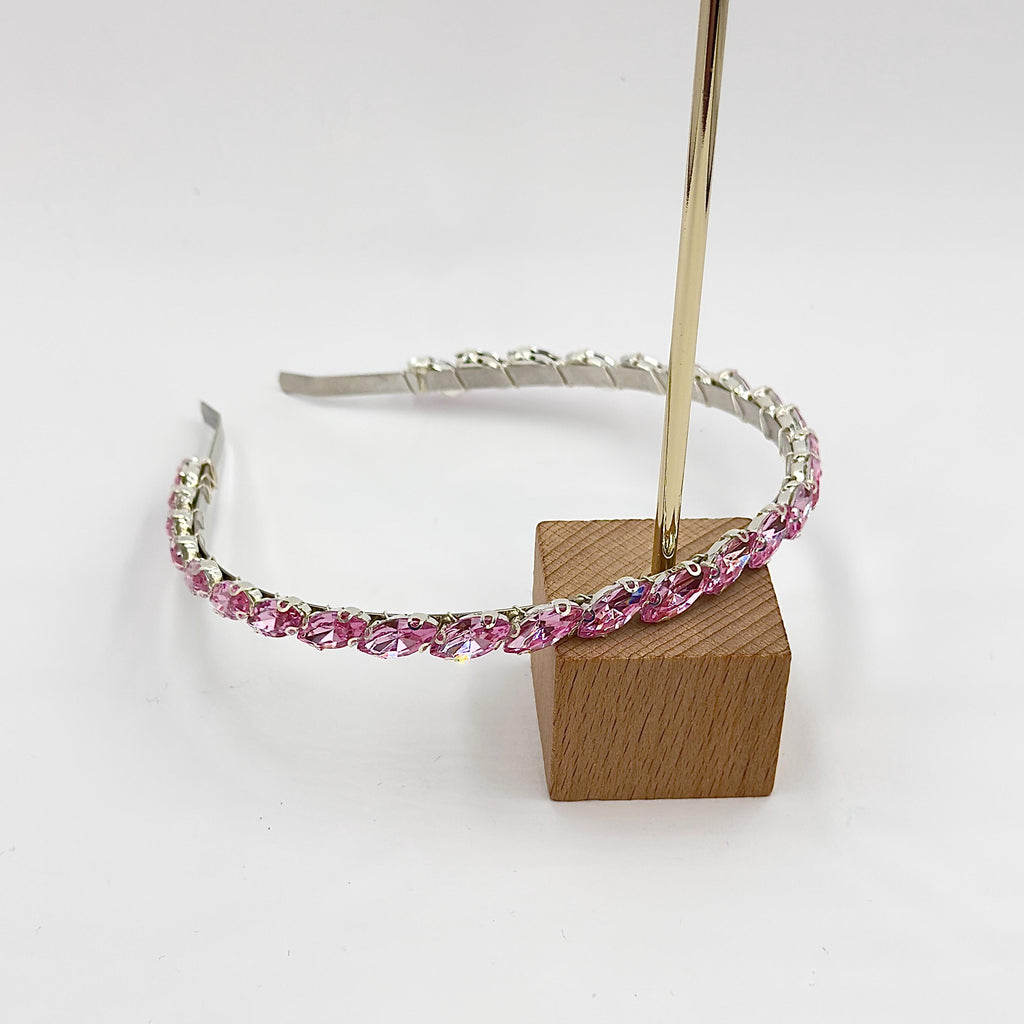 Rosafarbener Kristall-Haarreif | Schmaler Brautschmuck in Silber