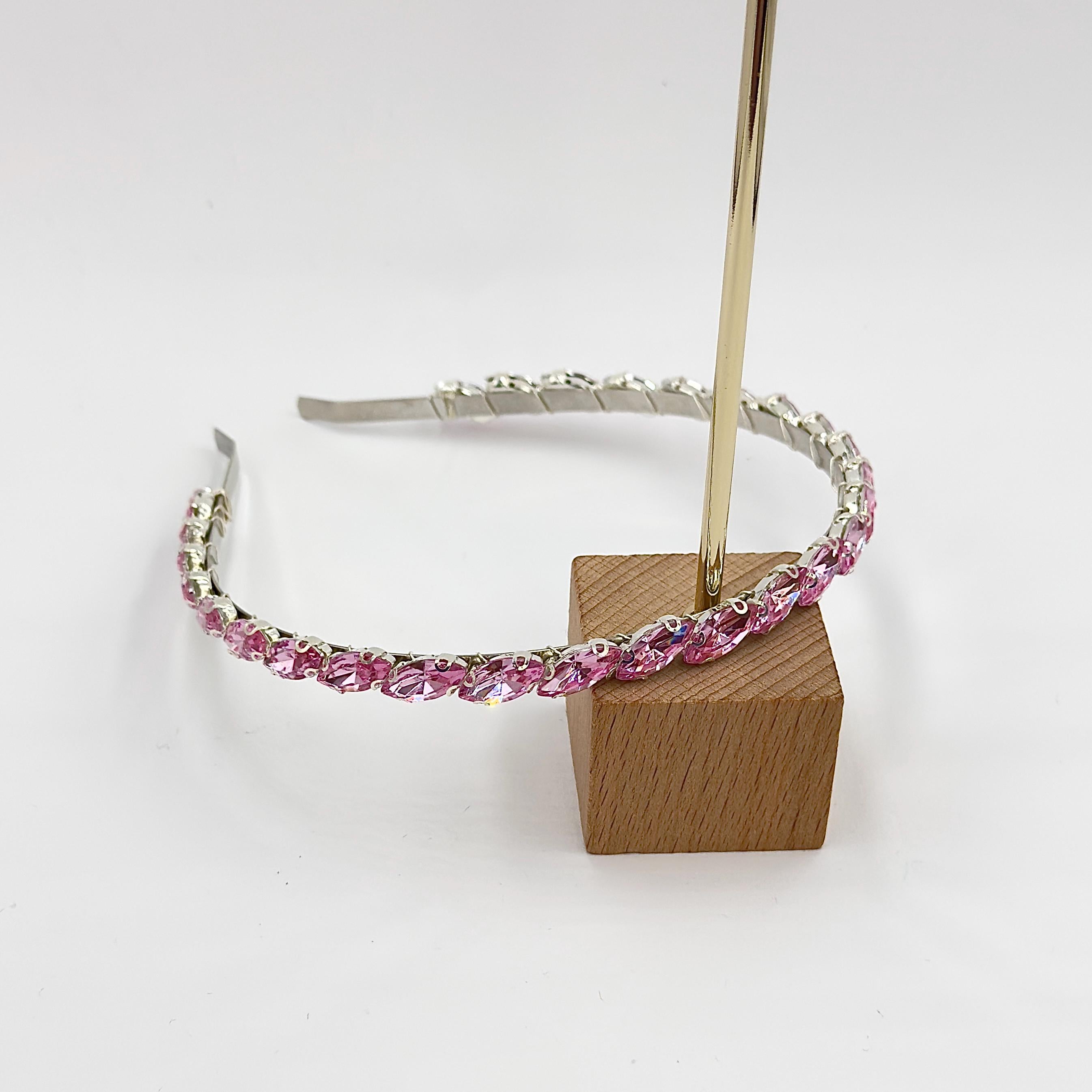 Rosafarbener Kristall-Haarreif | Schmaler Brautschmuck in Silber