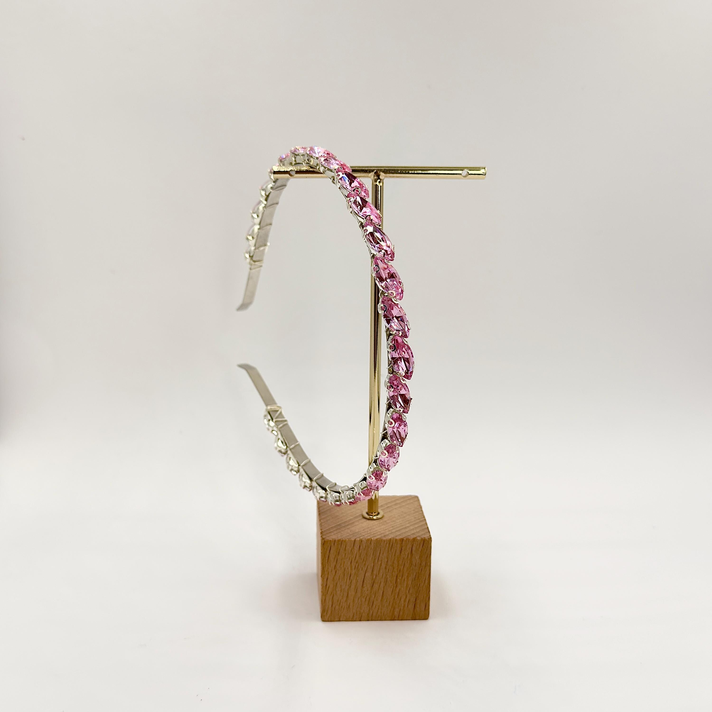 Rosafarbener Kristall-Haarreif | Schmaler Brautschmuck in Silber