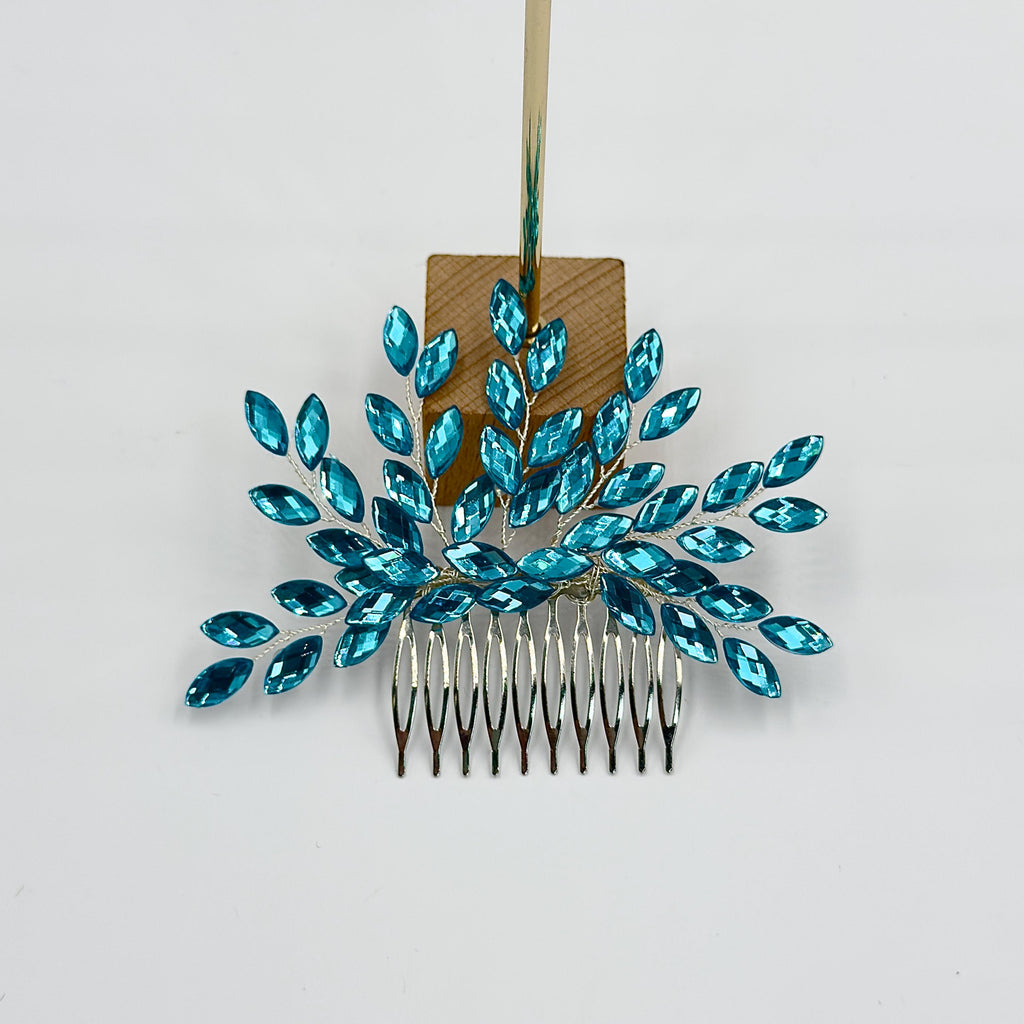 Braut Haarkamm Blau Kristall Silber Draht Haarschmuck