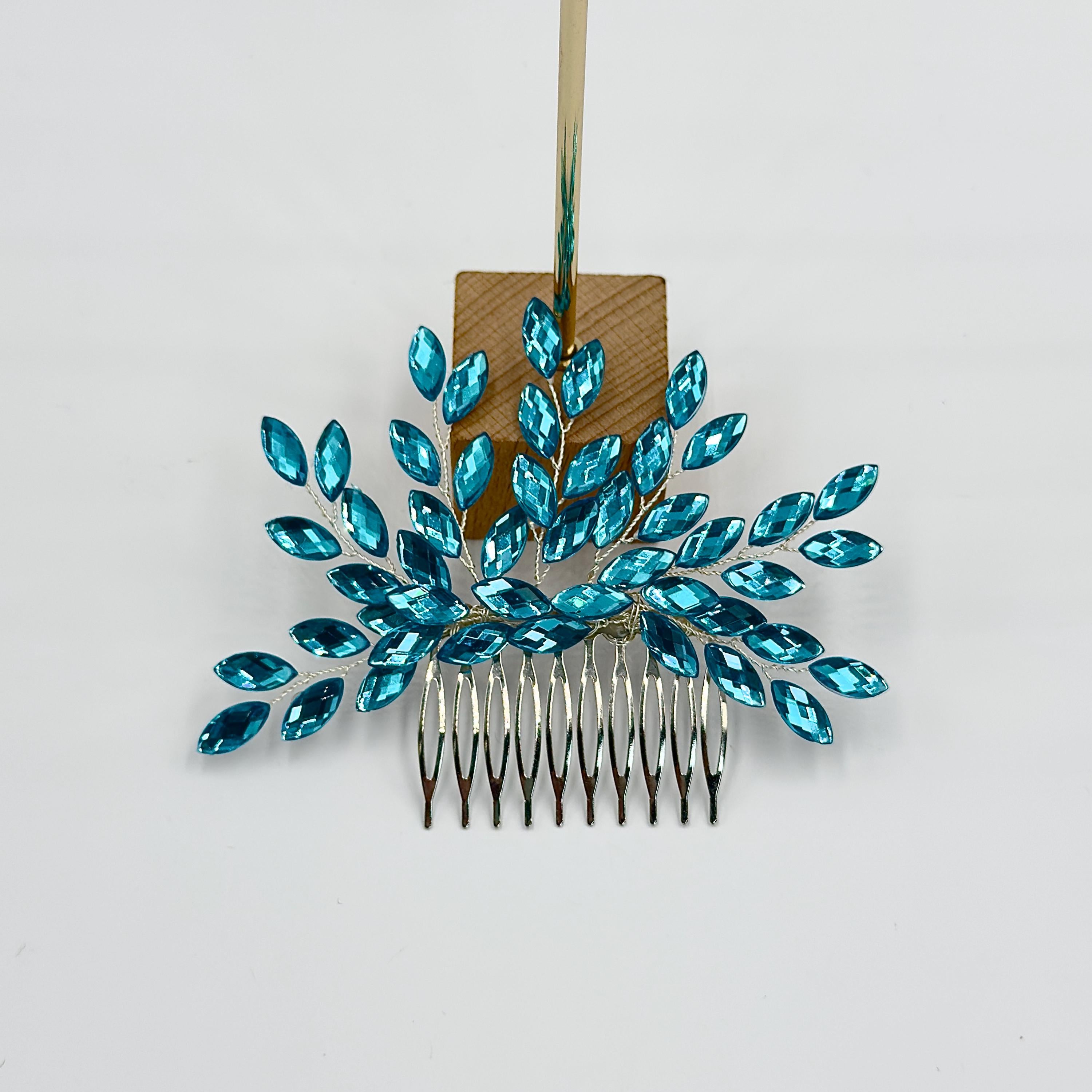 Braut Haarkamm Blau Kristall Silber Draht Haarschmuck