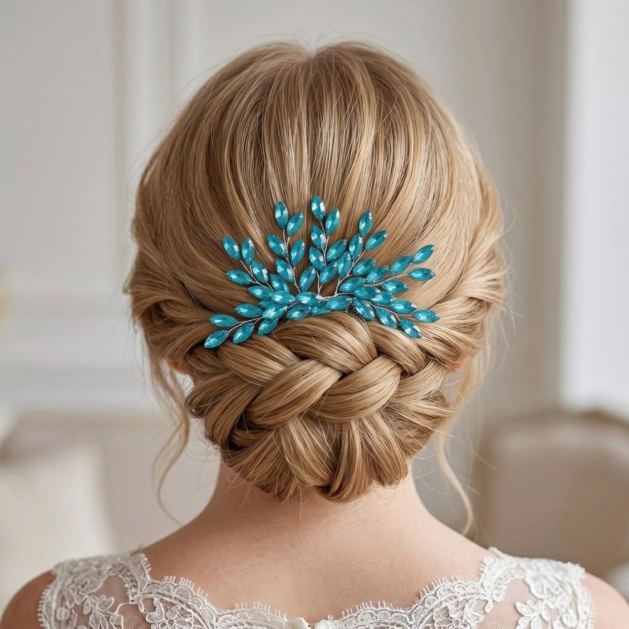 Braut Haarkamm Blau Kristall Silber Draht Haarschmuck