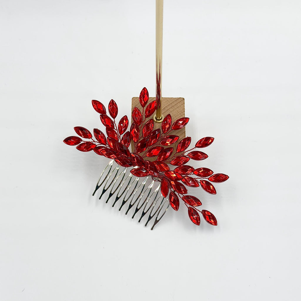 Braut Haarkamm Rubinrot Kristall Silber Draht Haarschmuck