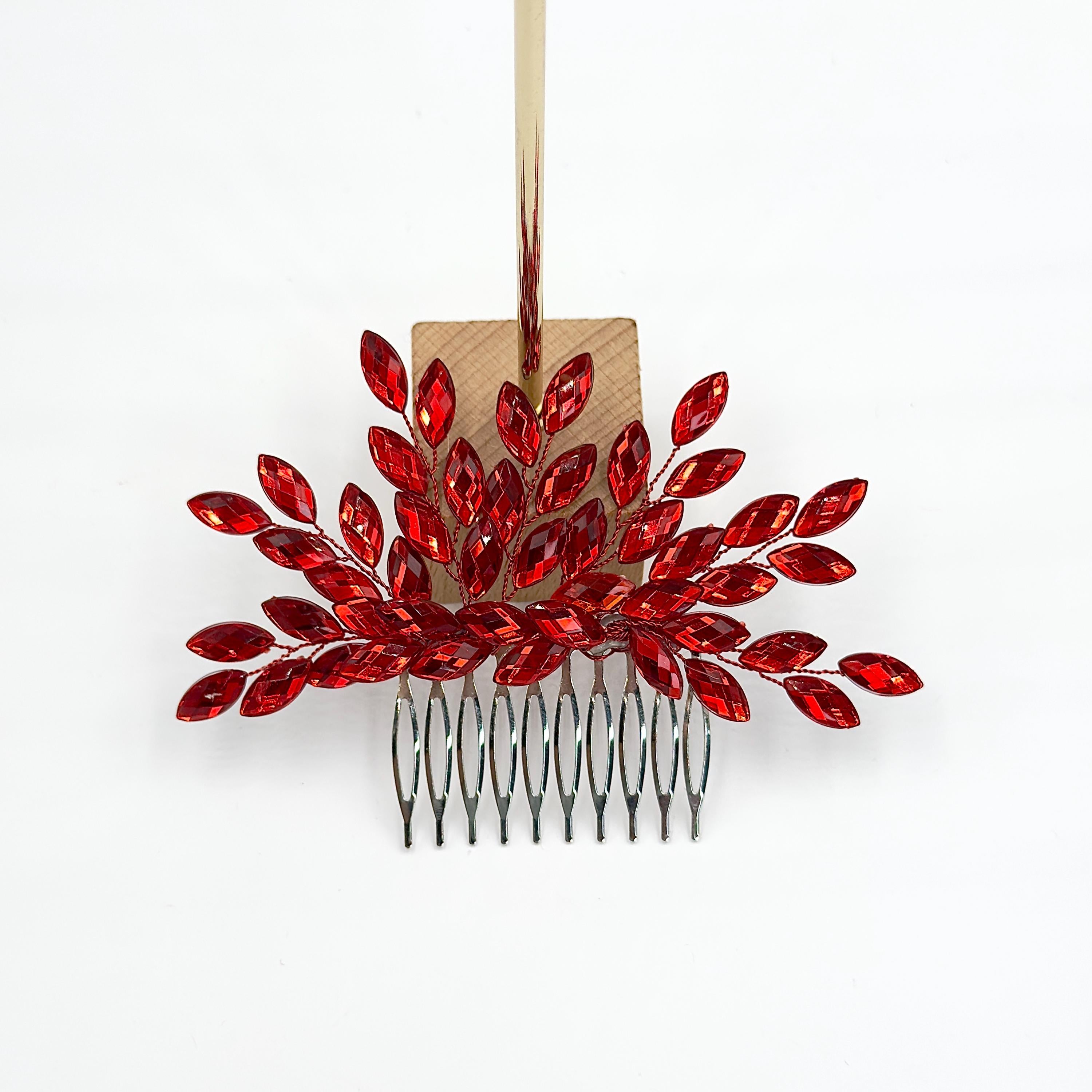Braut Haarkamm Rubinrot Kristall Silber Draht Haarschmuck