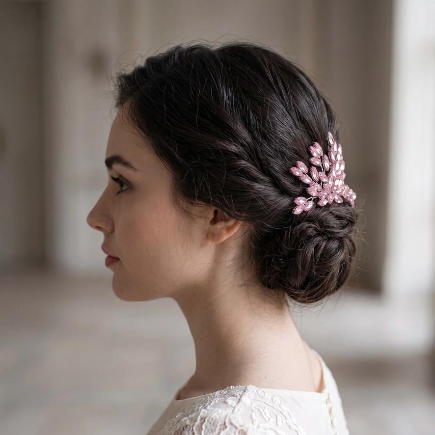 Braut Haarkamm Rosa Kristall Silber Draht Haarschmuck
