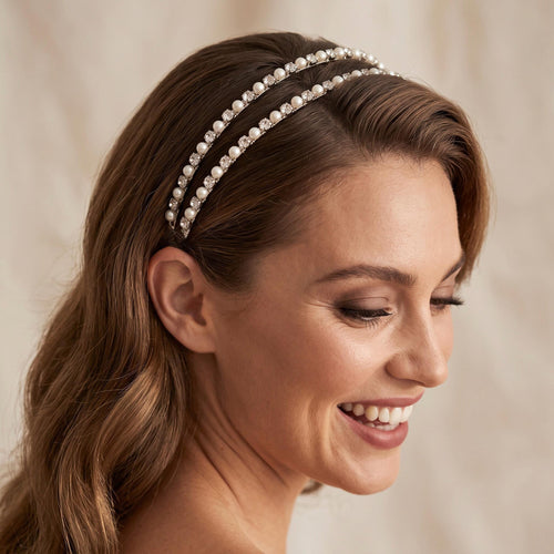 Bridal Headband Set with Pearls and Clear Stones | Silver-Tone Wedding Hairpiece