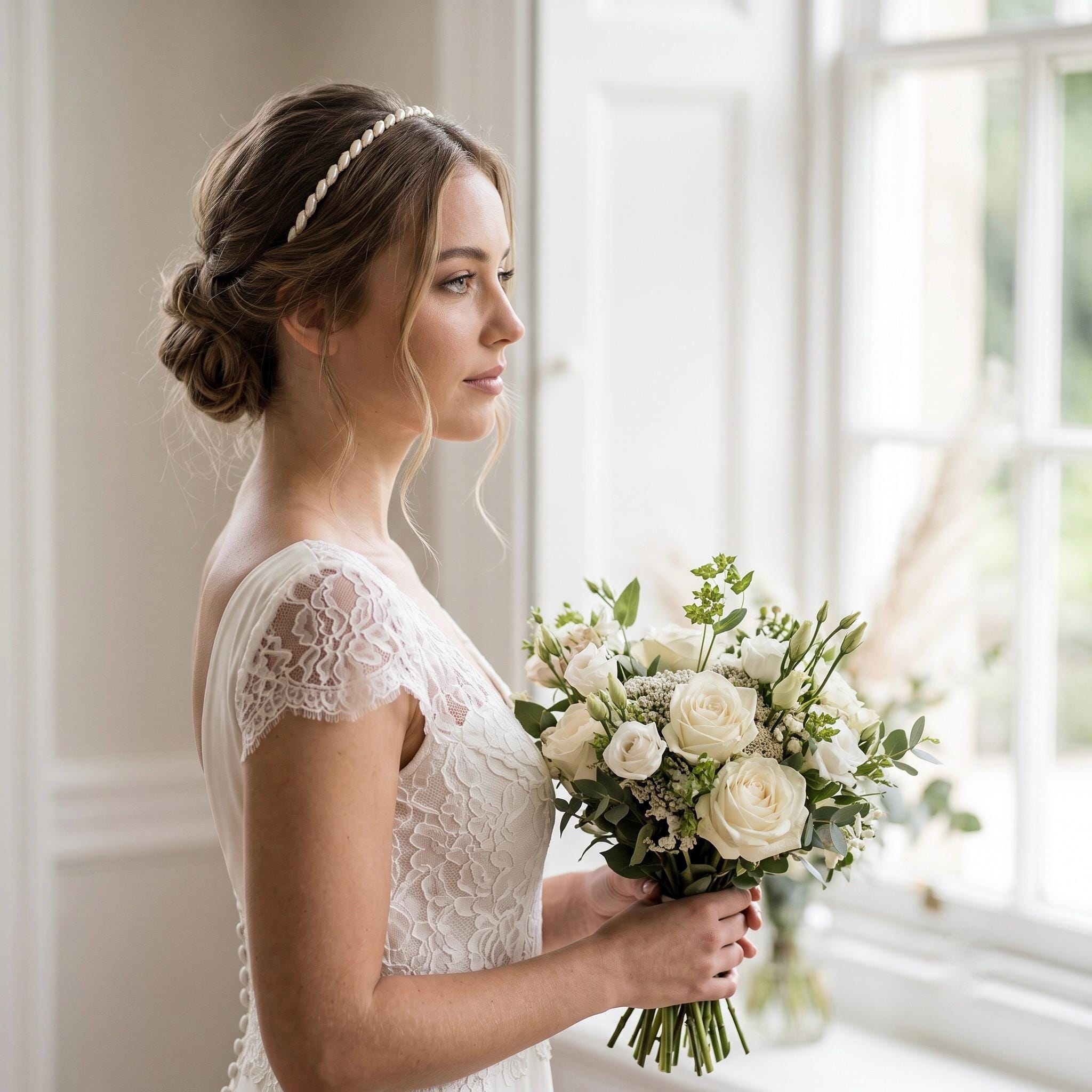 Brauthaarreif mit elfenbeinfarbenen Marquise-Elementen | Silberfarbener minimalistischer Haarschmuck für Hochzeit