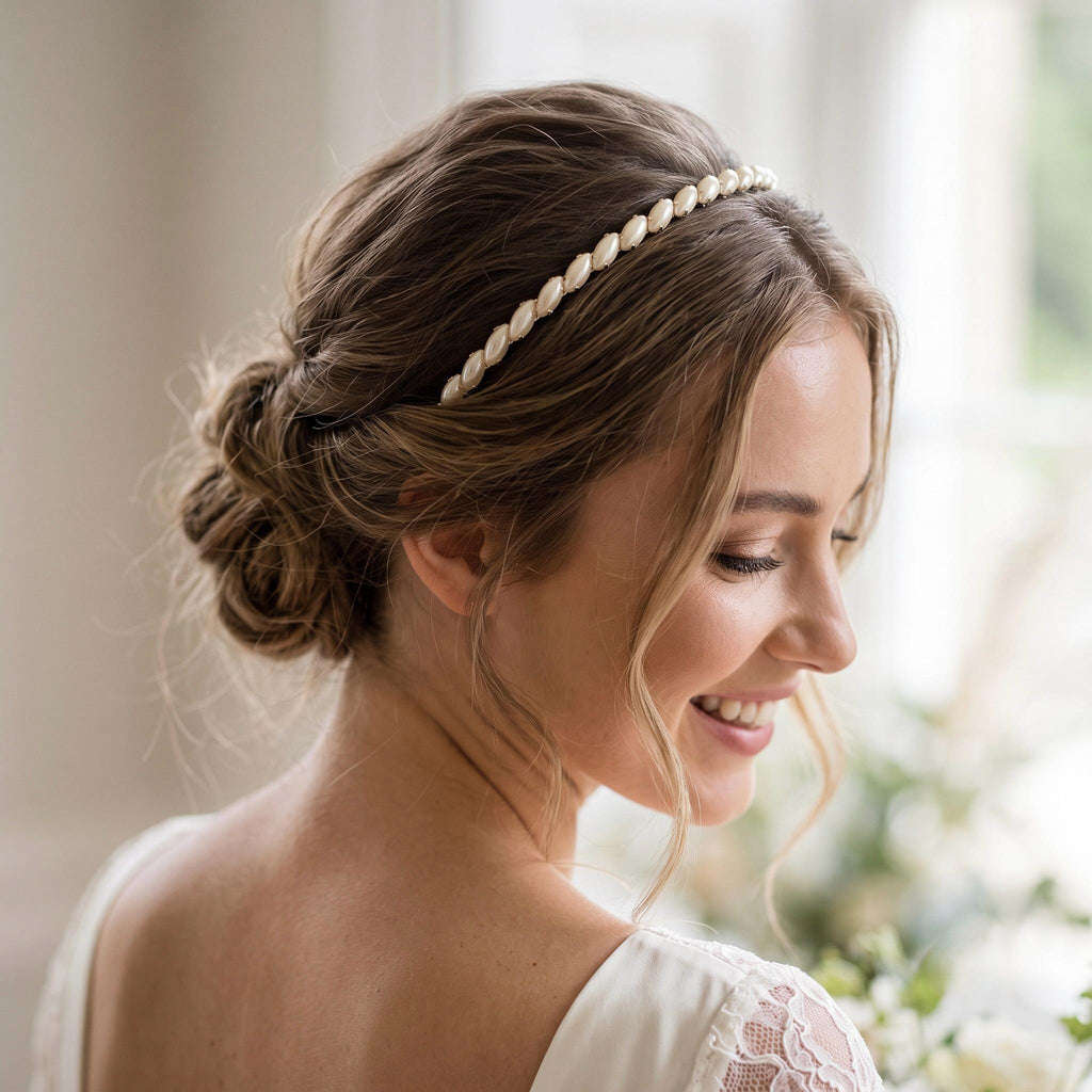 Brauthaarreif mit elfenbeinfarbenen Marquise-Elementen | Silberfarbener minimalistischer Haarschmuck für Hochzeit