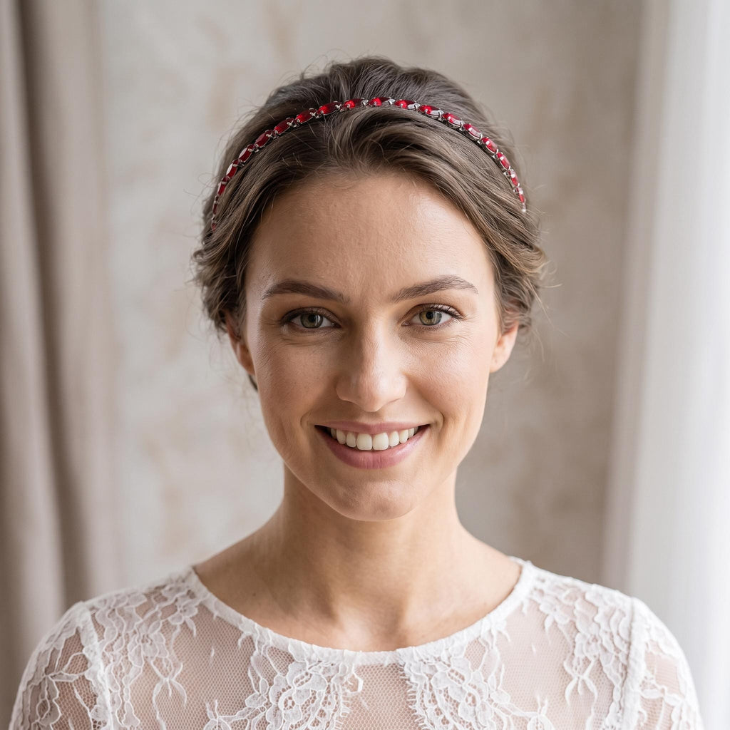 Roter Kristall-Haarreif | Schmaler Braut-Haarschmuck in Schwarz