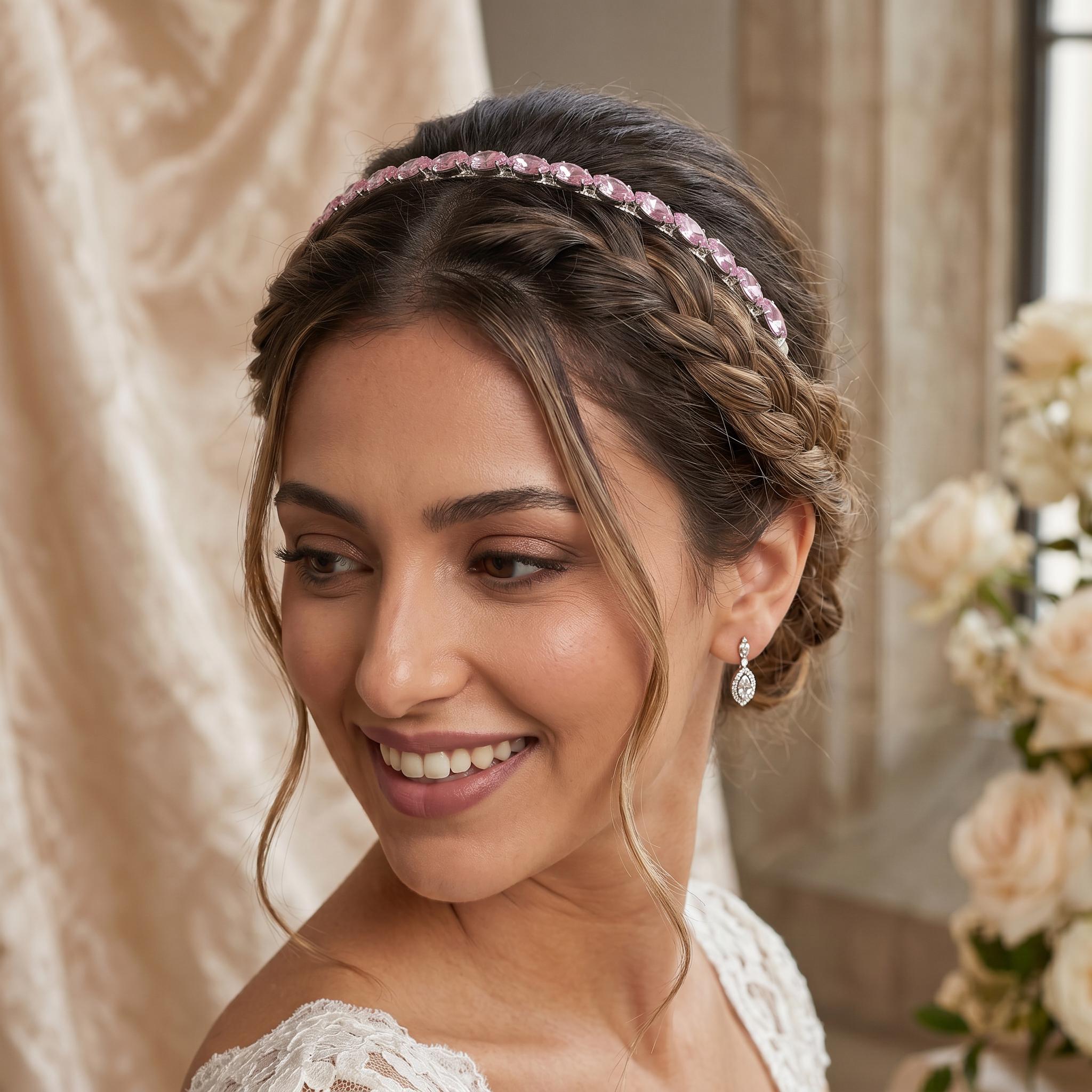 Rosafarbener Kristall-Haarreif | Schmaler Brautschmuck in Silber