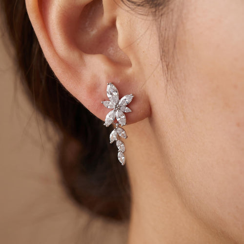 Bridal Drop Earrings with Marquise Crystals | Silver-Tone Floral Wedding Jewelry